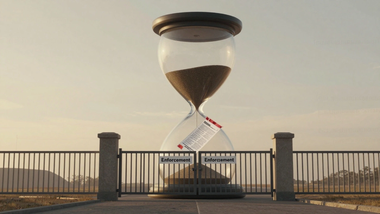 Песочные часы с документами, символизирующие истечение срока давности штрафа.