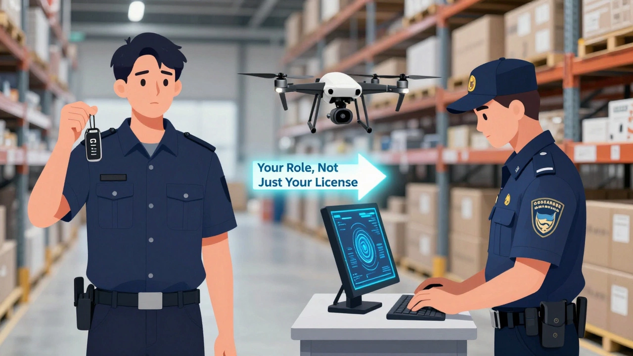 Разделенная сцена: человек в форме Росгвардии выполняет разные задачи — от работы с дроном до кибербезопасности.