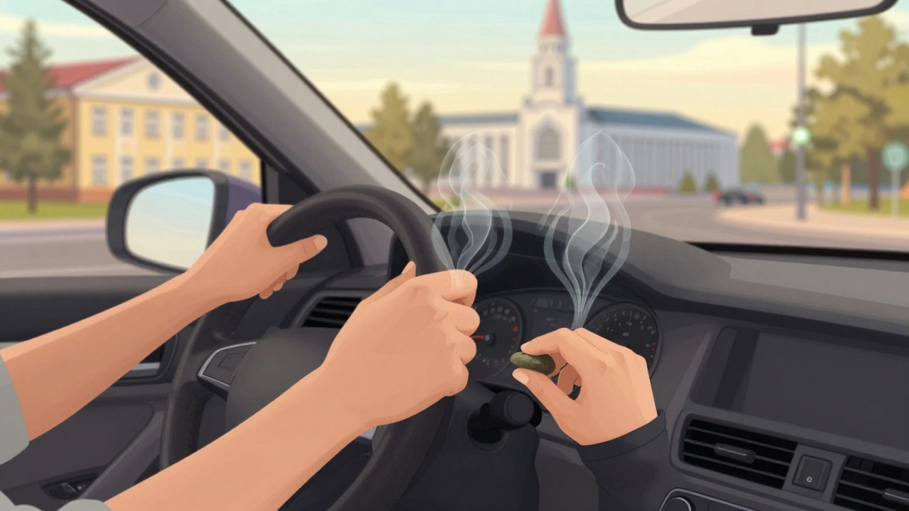 Руки водителя выполняют дыхательную технику во время экзамена, в кармане камешек, городской пейзаж на заднем плане.