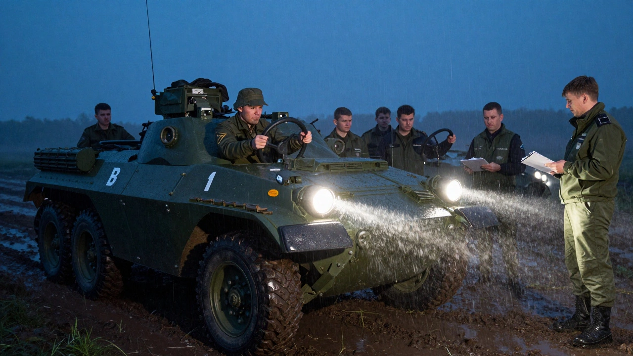 Солдаты Росгвардии проходят ночные тренировки по вождению БТР на бездорожье под дождем.