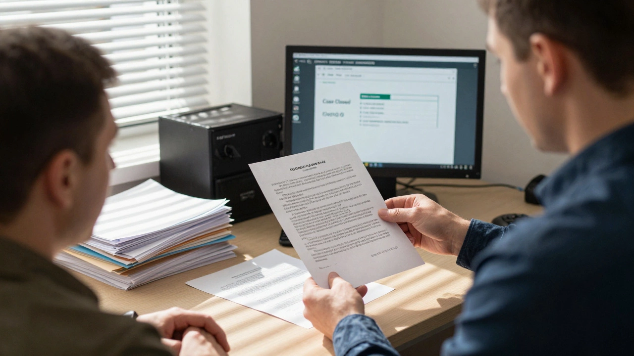 Сотрудник ФССП вручает документ об аннулировании старого штрафа.