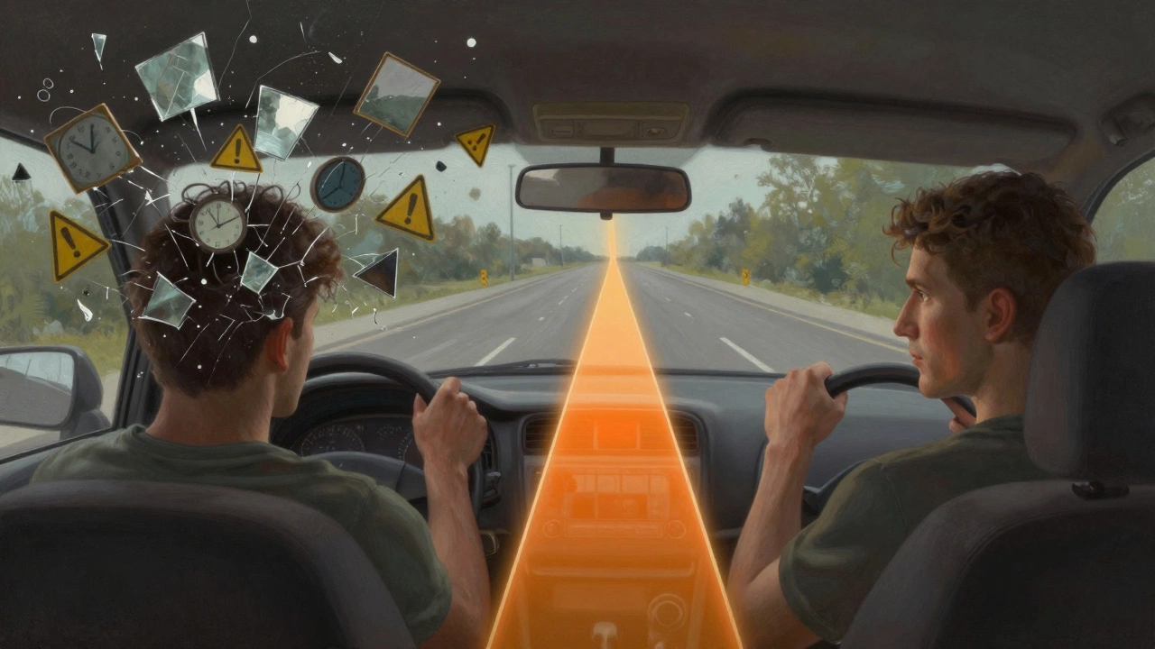 Сплит-сцена: хаос мыслей слева, спокойное управление машиной справа, светящийся путь между ними.