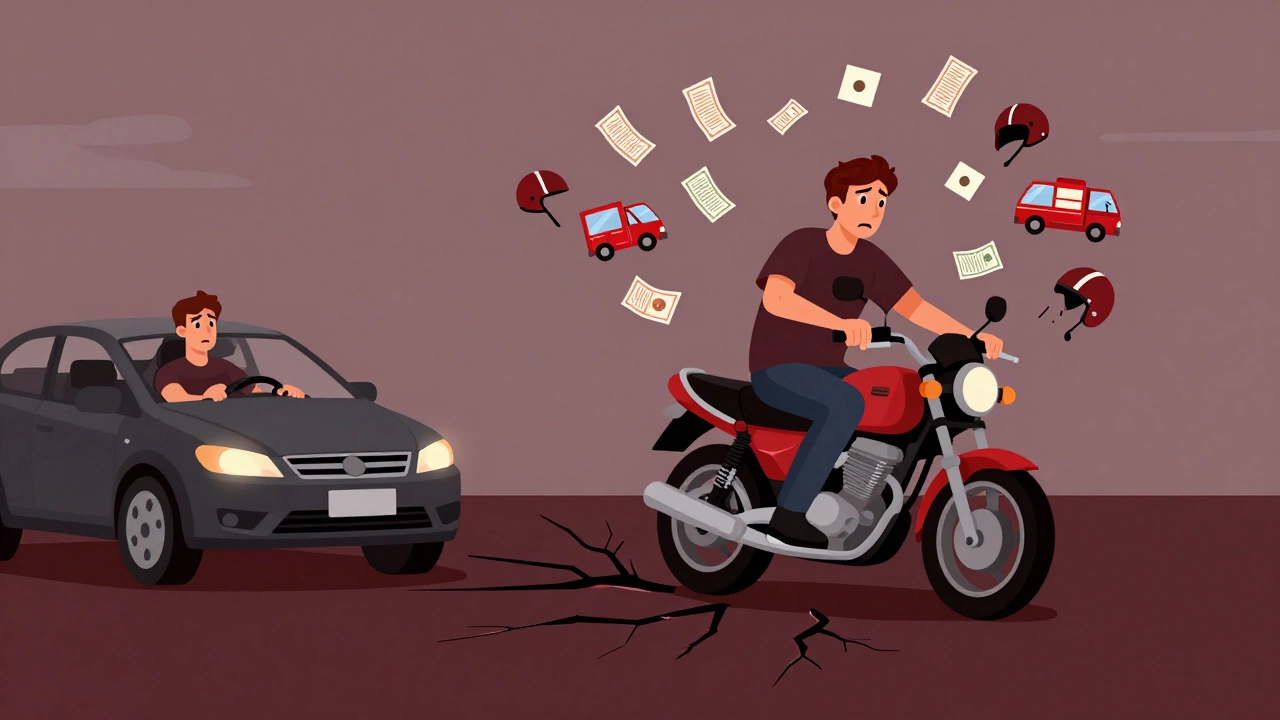 Сравнение: человек за рулем автомобиля и на мотоцикле, символы штрафов и опасности вокруг мотоцикла.