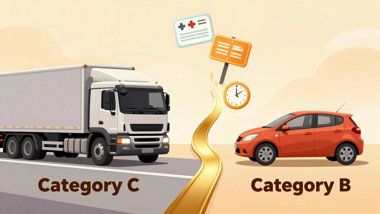 Сравнение грузовика и легковушки на фоне дорожных этапов получения прав категории B.
