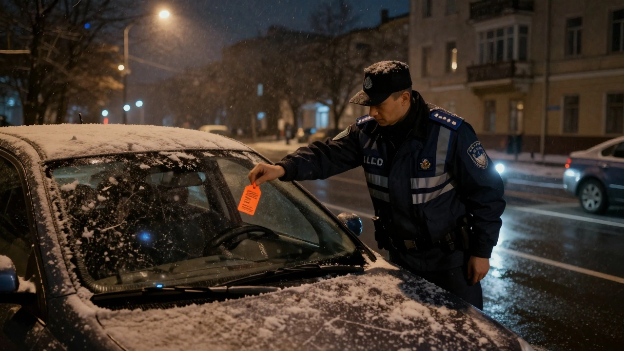 Судебный пристав наклеивает ярлык на автомобиль в снежную ночь.