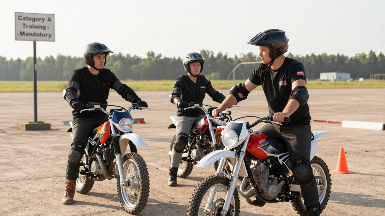 Тренировка на мотоцикле в автошколе: инструктор показывает управление, ученики наблюдают в Калининграде.