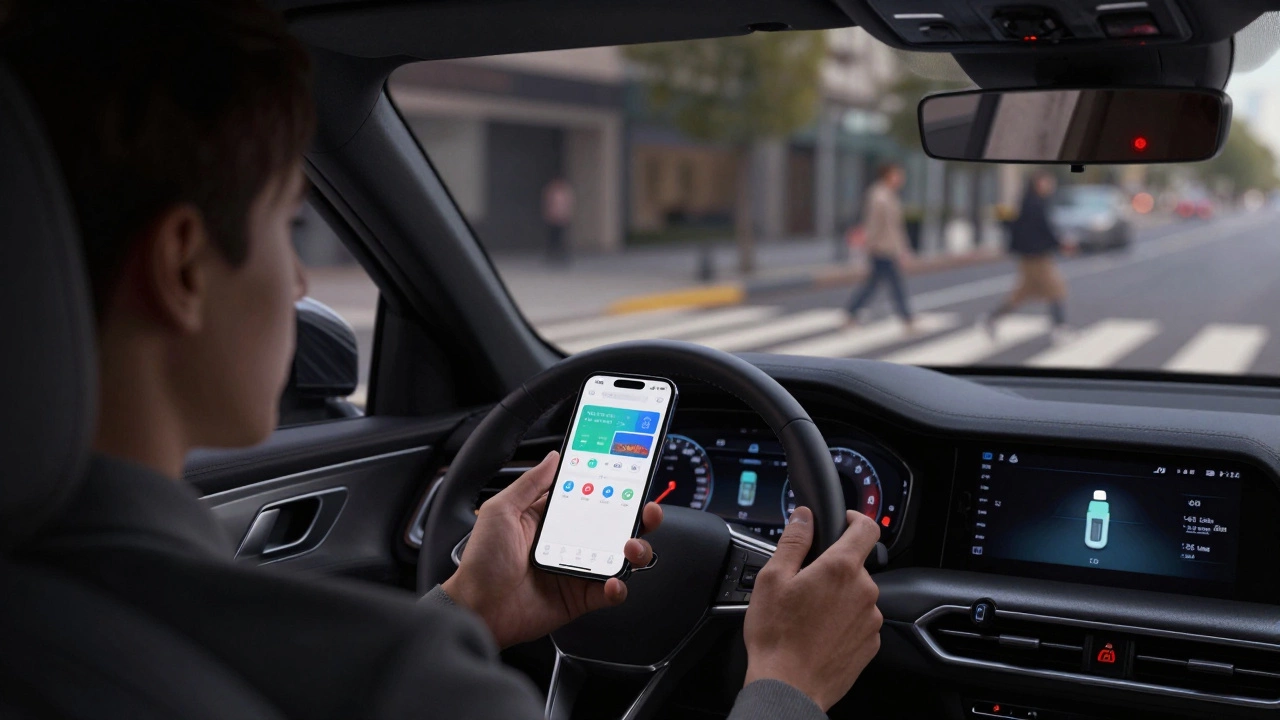 Водитель с телефоном за рулём, предупреждения на приборной панели, пешеходы на переходе.