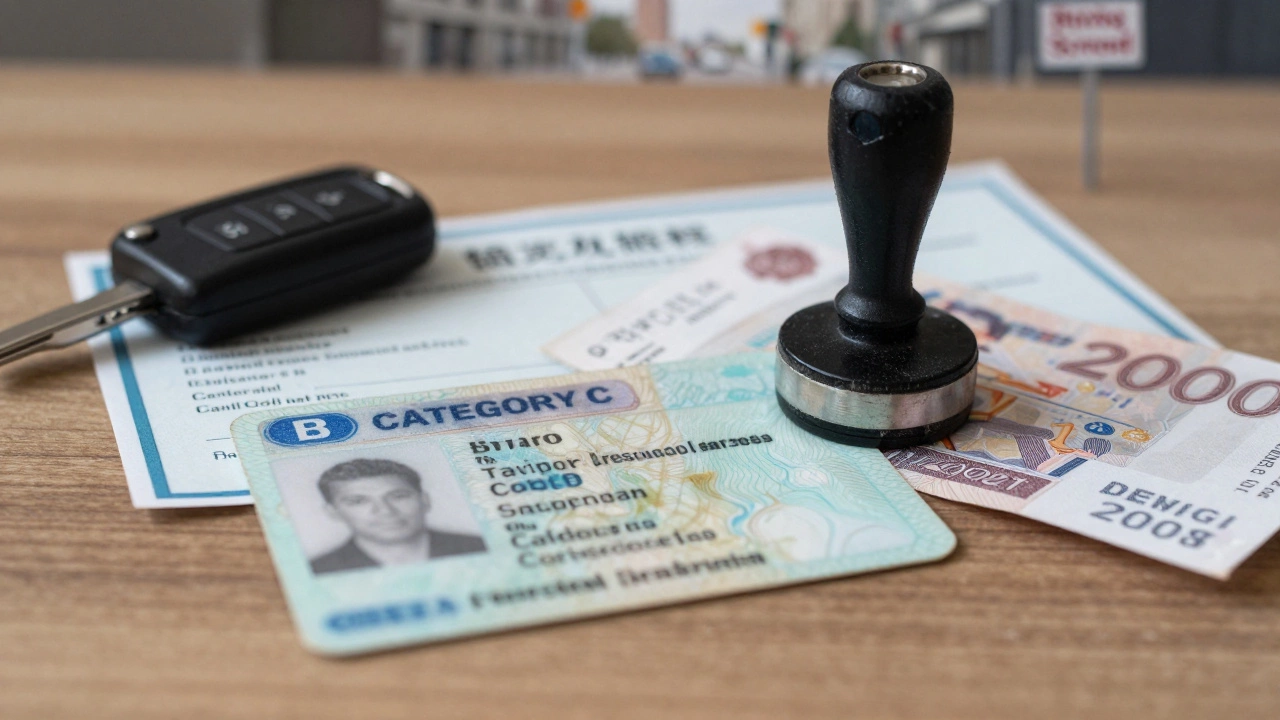 Водительское удостоверение с категорией C получает штамп категории B на фоне документов и ключа от машины.