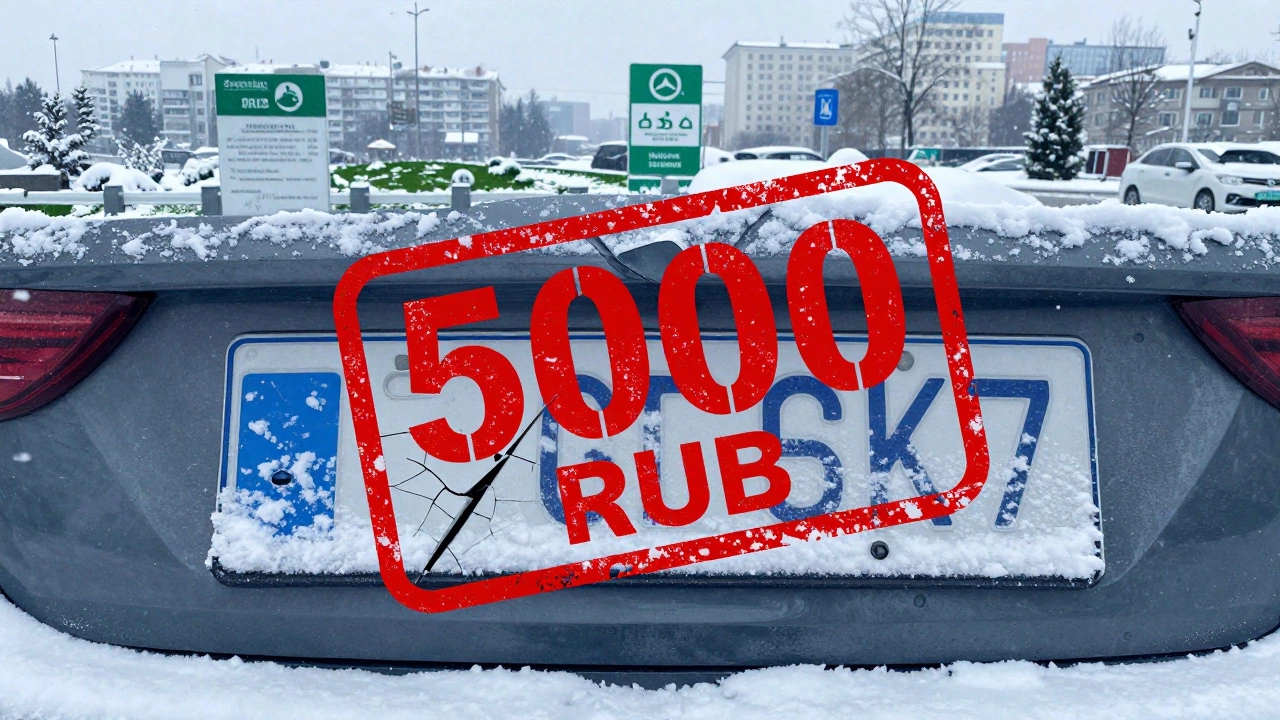 Загрязнённый номер автомобиля под снегом с накладкой штрафа 5000 рублей на фоне газона и знака экозоны.