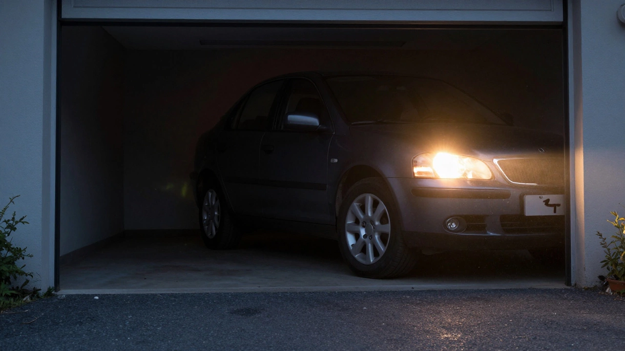Автомобиль выезжает из гаража с включенным левым поворотником на рассвете.