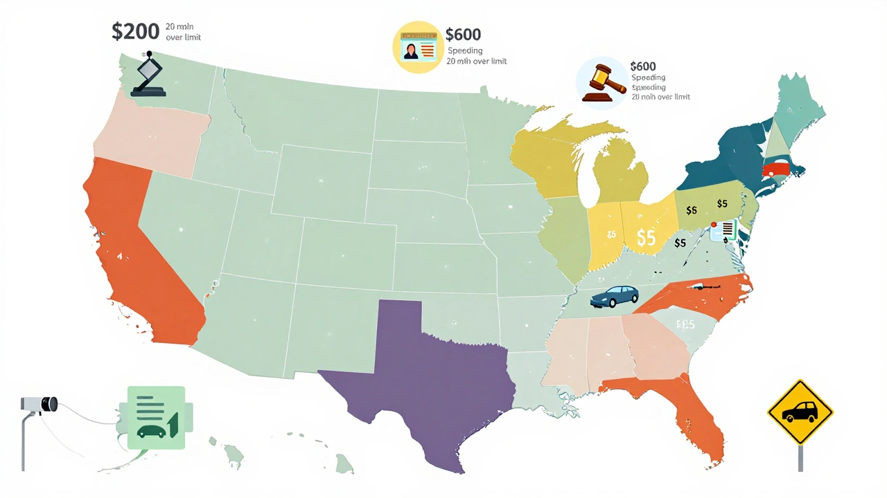 Карта пяти штатов США с цветовыми обозначениями штрафов за превышение скорости от 200 до 600 долларов.