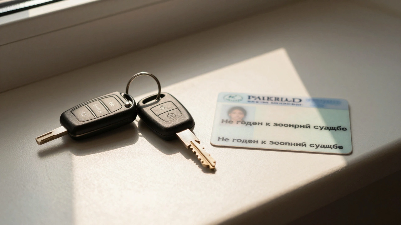 Ключи от машины лежат рядом с военным билетом с пометкой 'не годен' — символ свободы вождения.