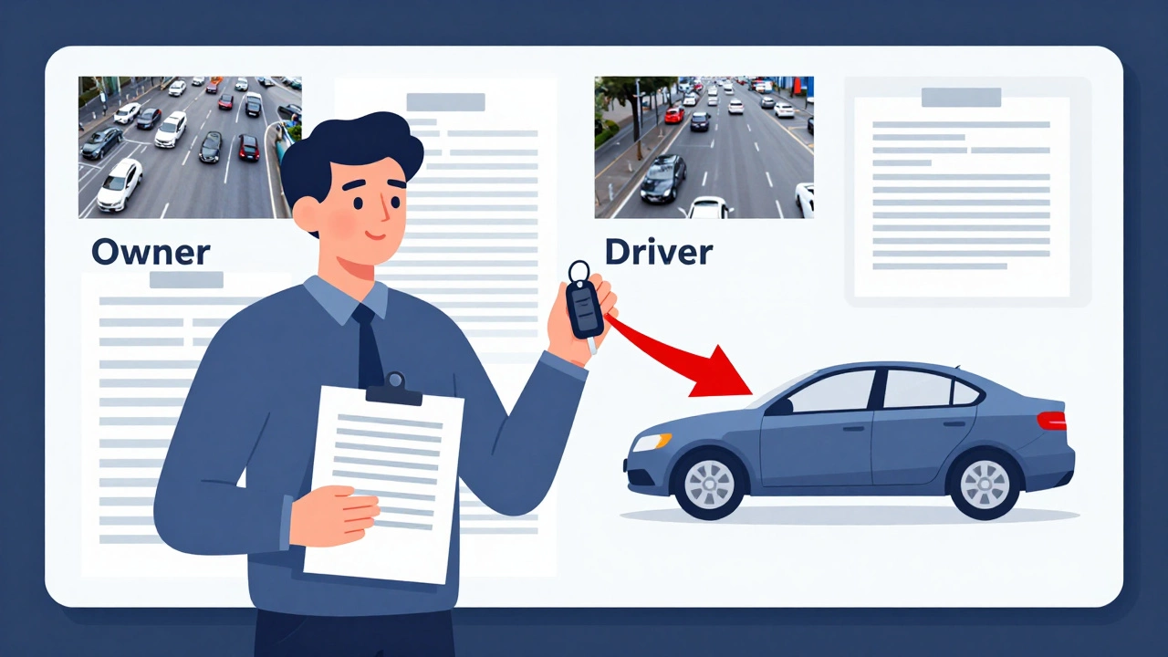 Мужчина с документами и ключами, перед ним — цифровая схема ответственности за нарушение ПДД.