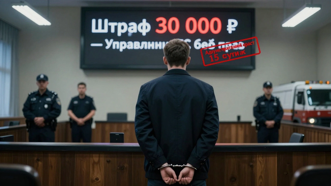 Мужчина в наручниках стоит перед судьёй, над ним крупно указан штраф 30 000 рублей и угроза ареста за вождение без прав.
