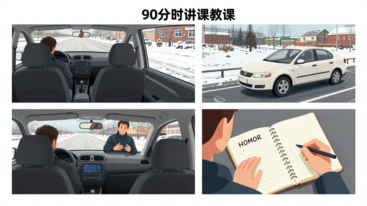 Пошаговое изображение урока вождения: настройка машины, парковка, разбор ошибок и домашнее задание в автошколе России.