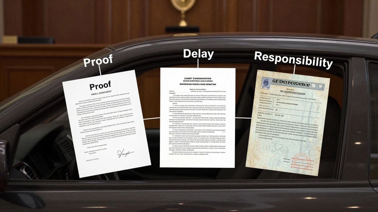 Прозрачная машина с внутренними документами, показывающими цепочку юридической ответственности.