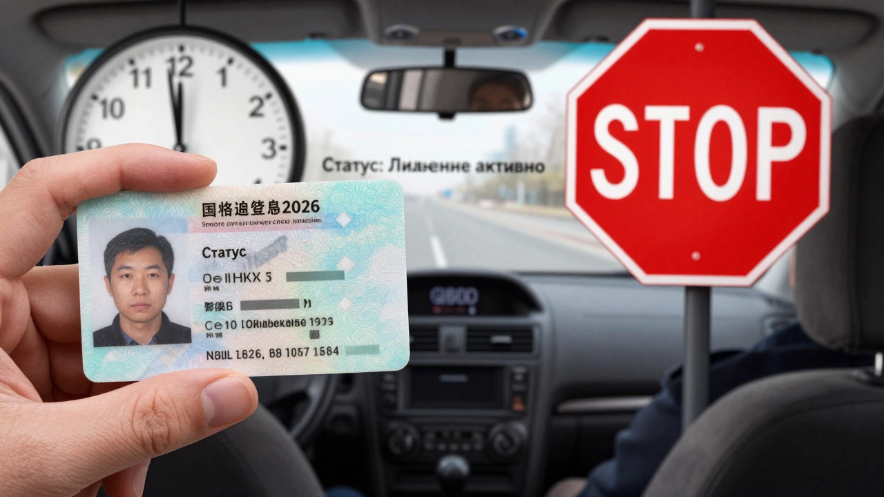 Разделённое изображение: слева — права в руке, справа — автомобиль с запрещающей надписью, символизирующее юридическое состояние до получения документов.