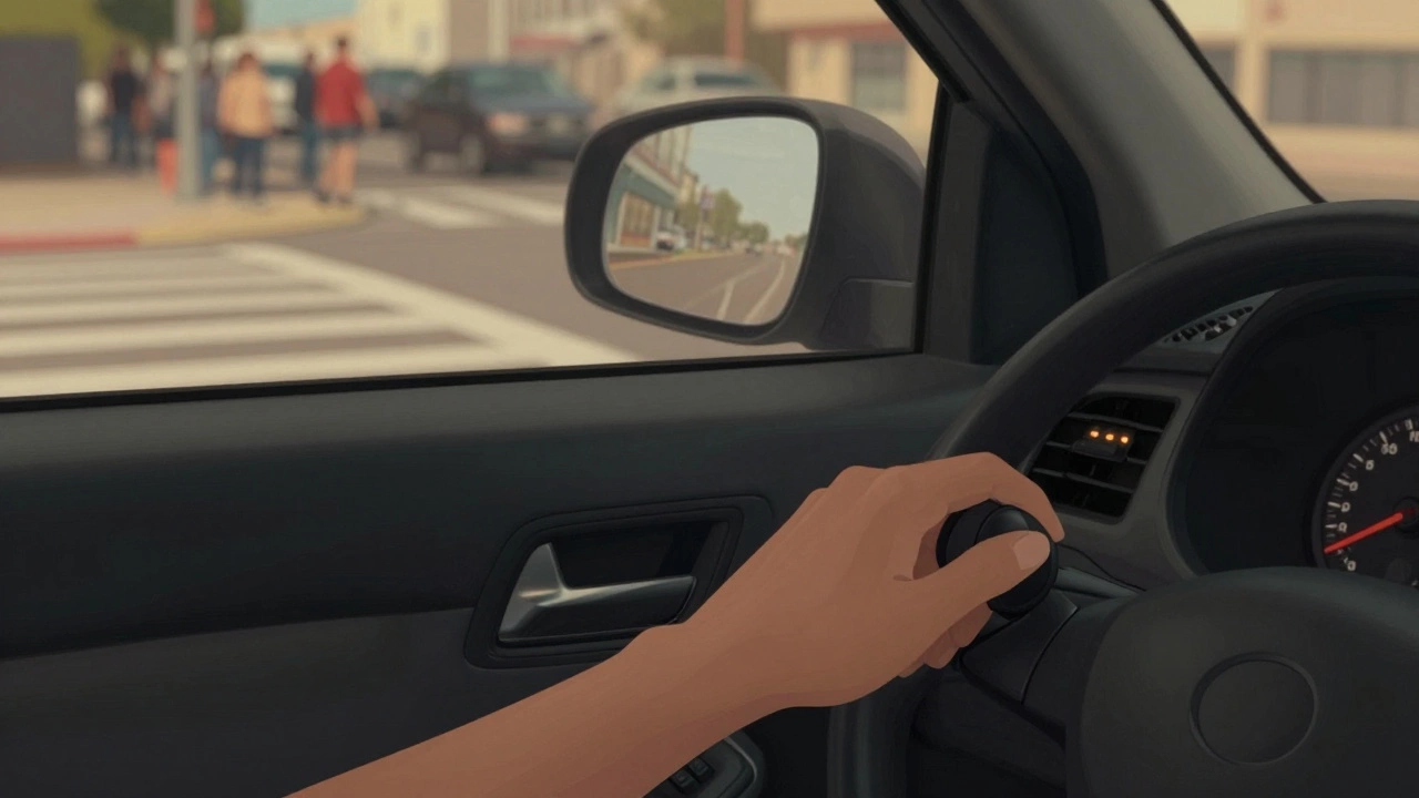 Рука водителя включает указатель поворота в автомобиле, виден светящийся сигнал.