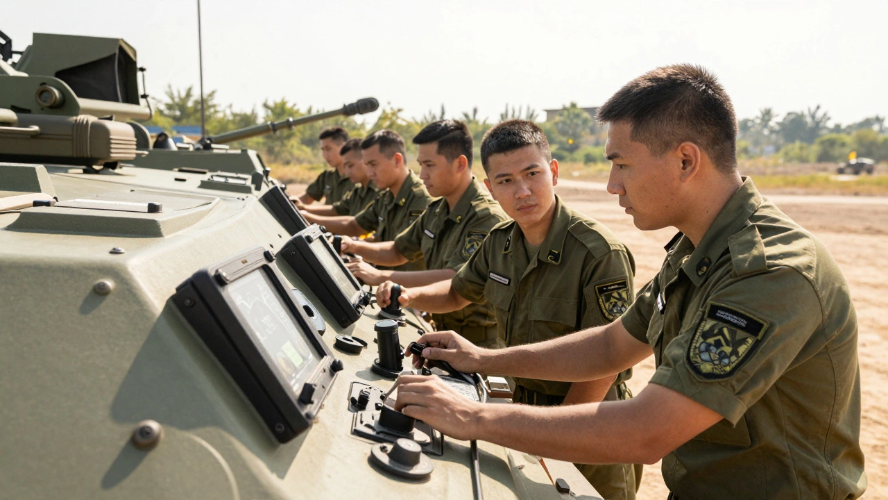 Солдаты обучаются управлению бронетранспортёром на военной базе.