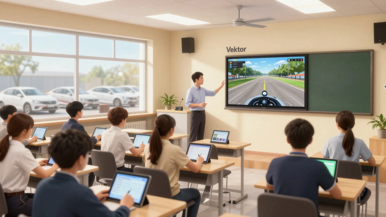 Студенты в автошколе проходят онлайн-обучение теории, рядом — инструктор и симулятор вождения.