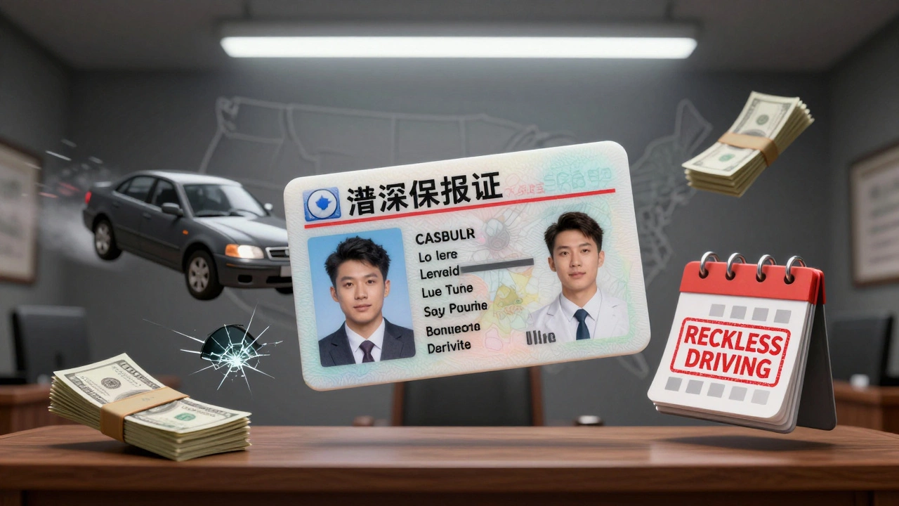 Водительское удостоверение в суде, окруженное символами штрафа, страховки и последствий безрассудного вождения.
