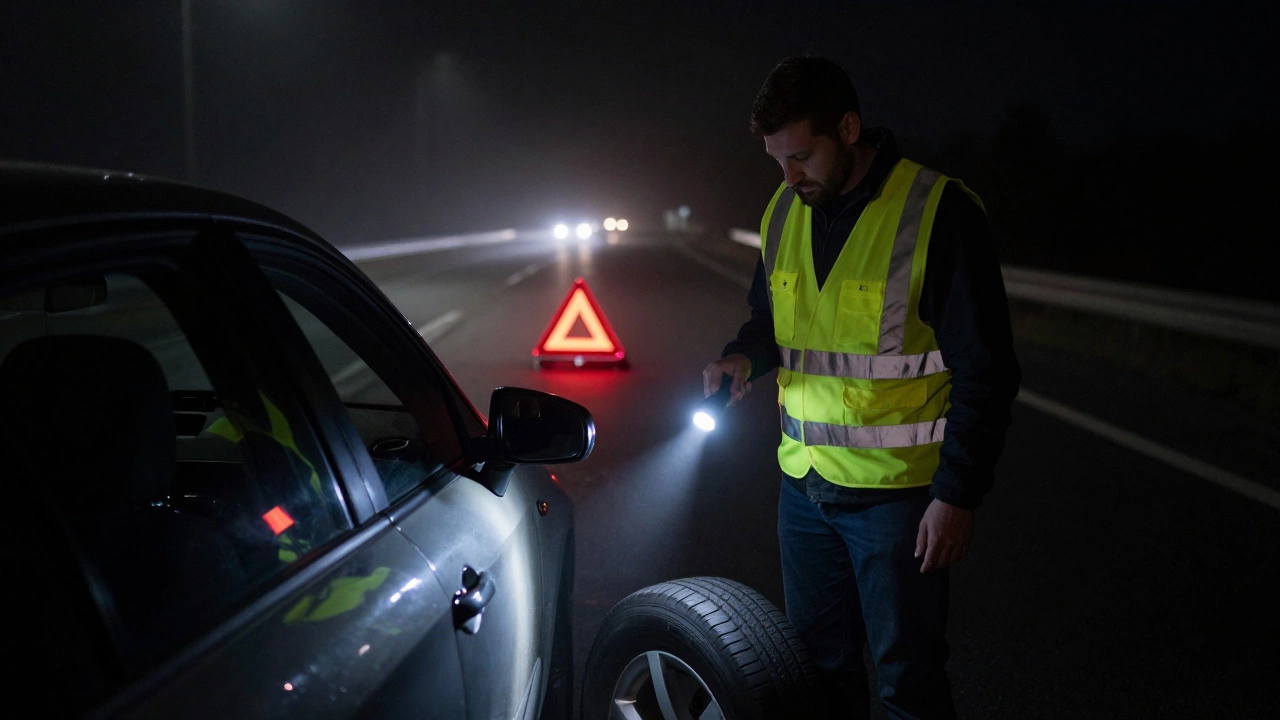 Водитель в светоотражающем жилете осматривает колесо ночью на трассе с фонариком и аварийным знаком.