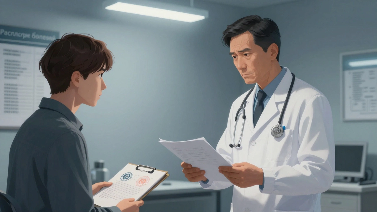 Военно-врачебная комиссия: врач изучает документы, пациент сидит рядом в гражданской одежде.