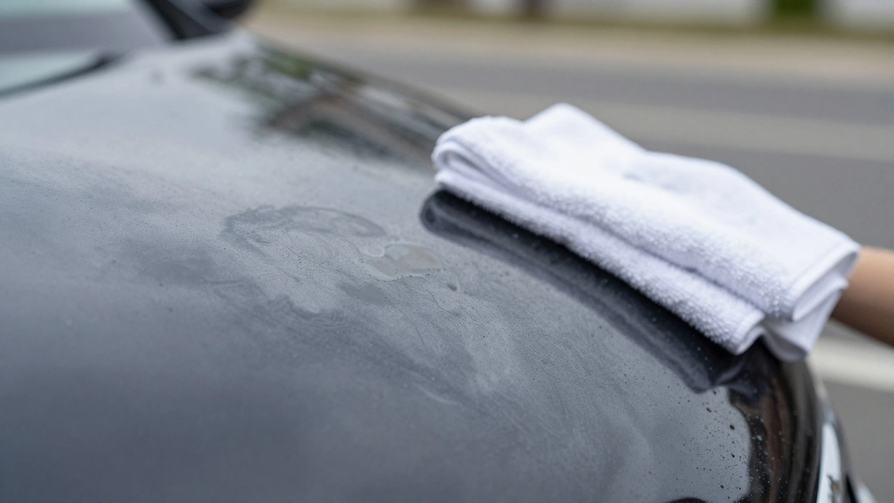 Белое пятно помёта на темной машине с влажной салфеткой рядом.