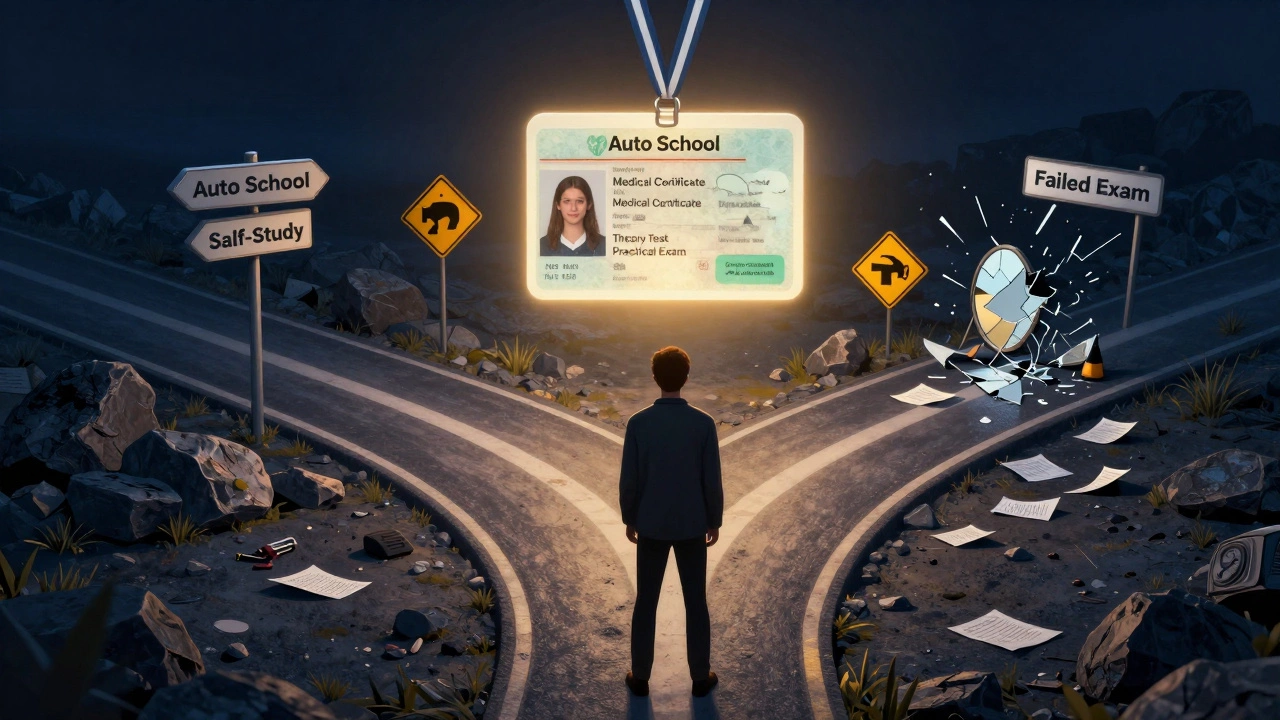 Человек стоит на перекрёстке между путями: автошкола, самостоятельная подготовка и провал экзамена.