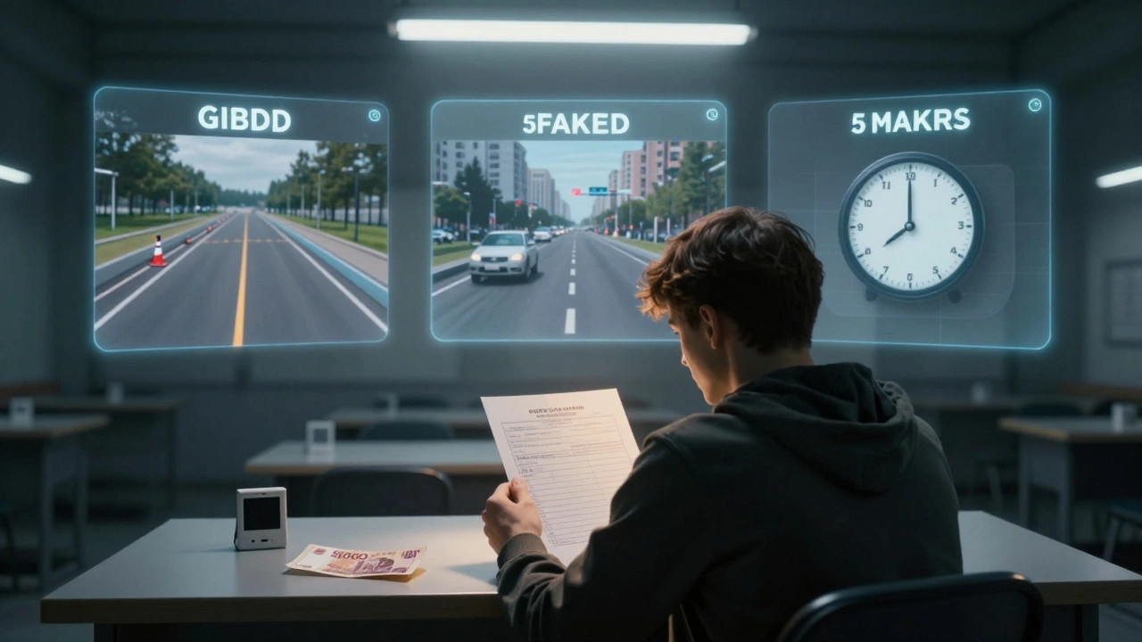 Человек в кабинете ГИБДД с тремя прозрачными изображениями неудачных попыток сдачи экзамена и таймером.