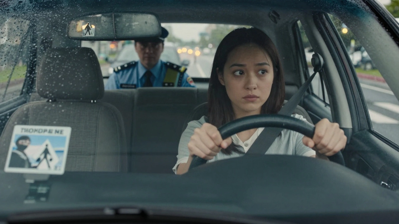 Девушка сдаёт практический экзамен на вождение под дождём, инспектор наблюдает за ней.