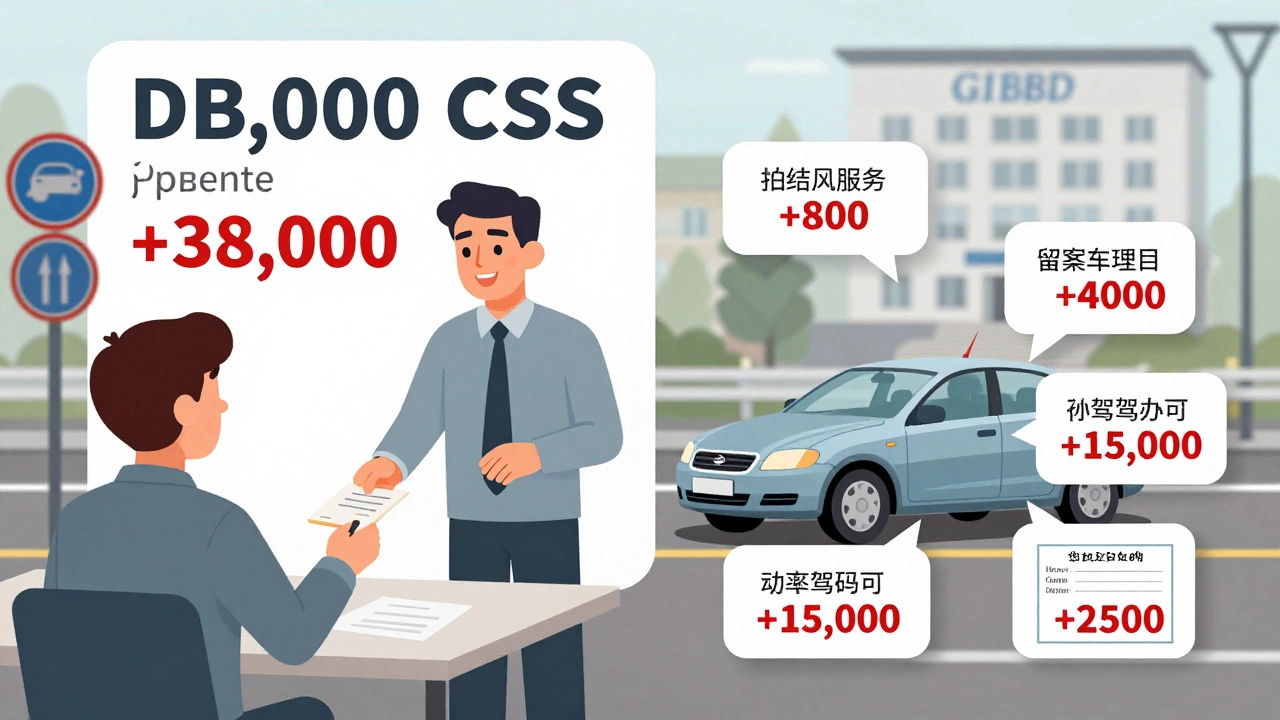 Иллюстрация скрытых расходов на получение водительских прав: базовая цена и дополнительные платежи в виде ценников.