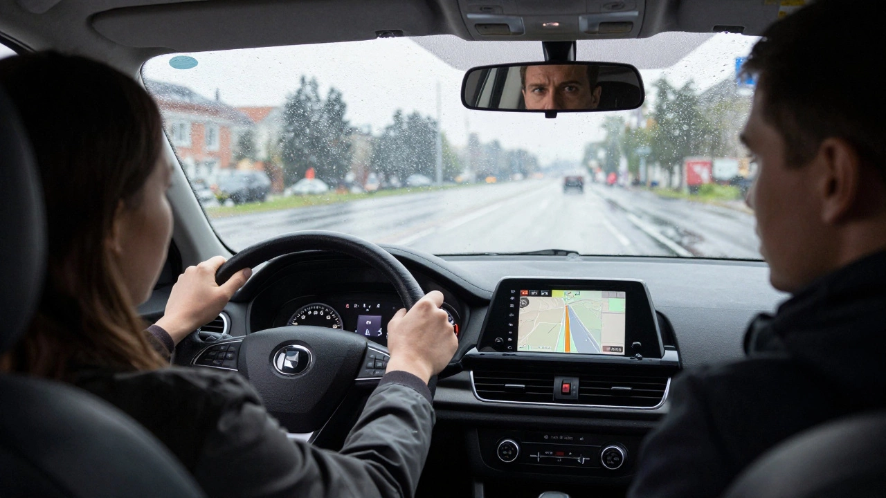 Инструктор помогает ученику за рулём в дождь, мягко направляя руль.