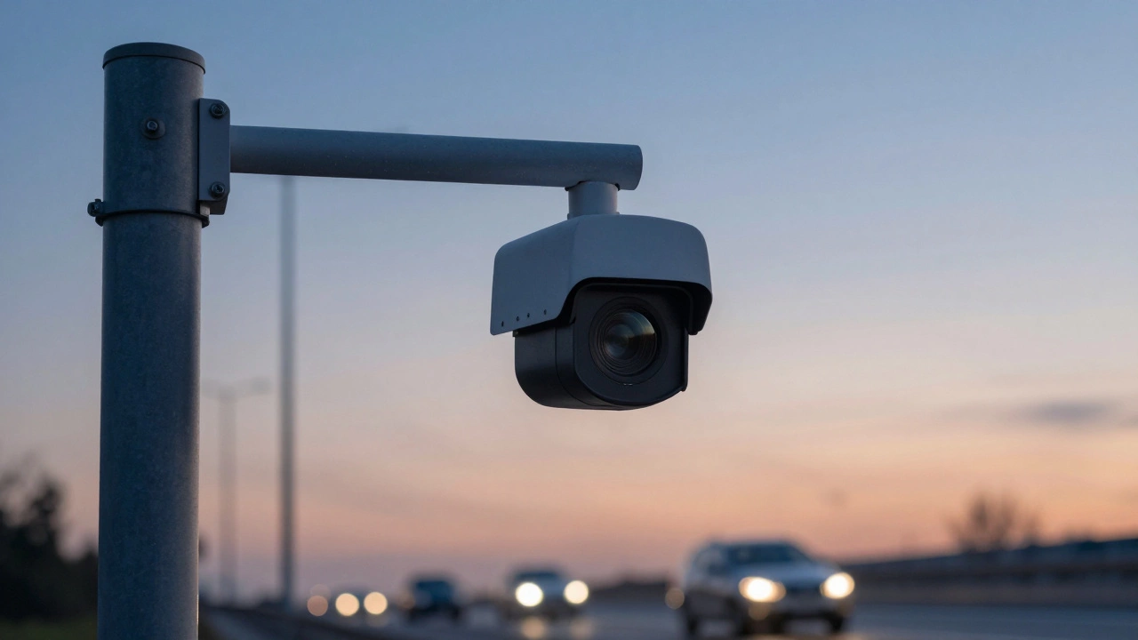 Камера фиксации нарушений на дороге снимает автомобиль