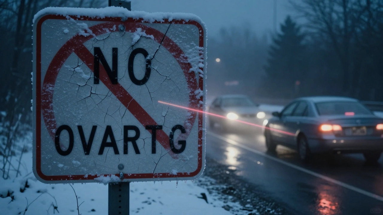 Поврежденный знак 'Обгон запрещён' в снегу, на дороге отражается авария — последствия игнорирования правила.