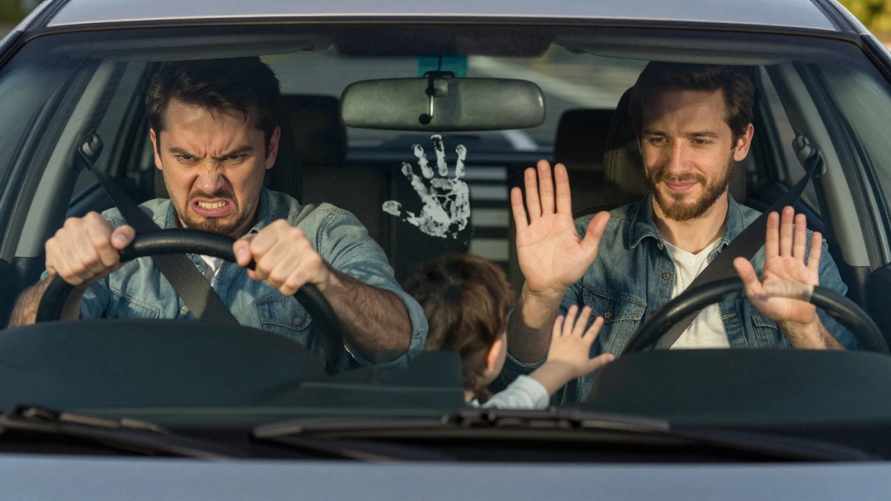 Разделённая сцена: водитель сначала злится, затем спокойно уступает пешеходу, на стекле — отпечаток детской ладошки.