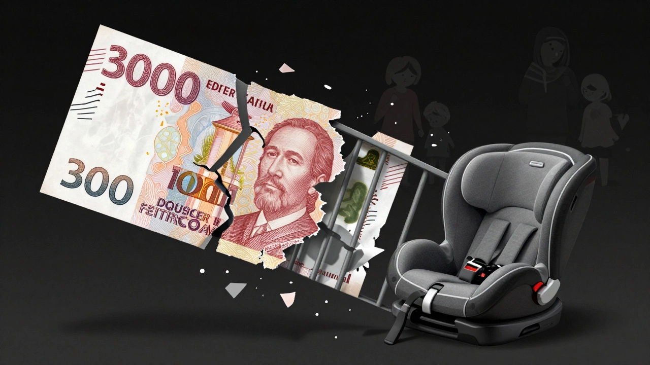 Разрывающаяся купюра в 300 000 рублей превращается в сломанные права, тюремную решётку и пустое детское автокресло.