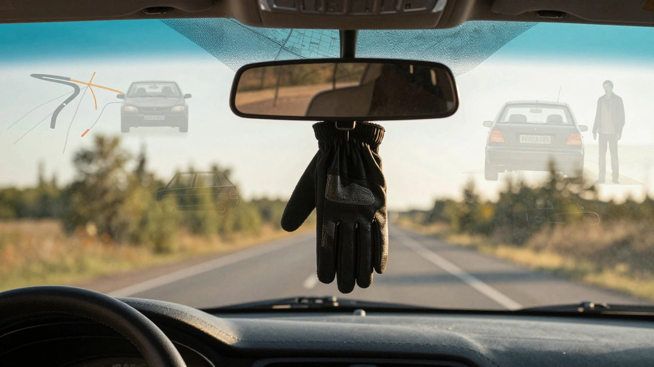 Рукавицы на зеркале с проекцией карты Калининграда и тенями прошлых ошибок, золотой свет и пустое пассажирское сиденье.