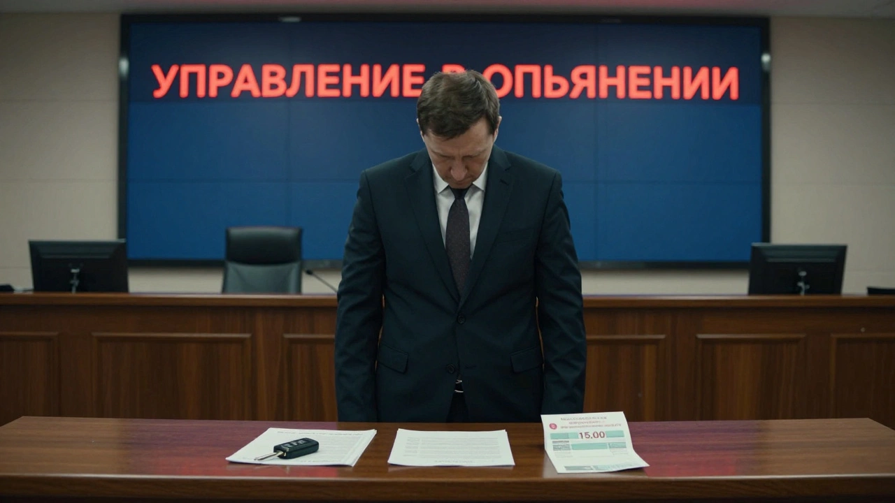 Судебный зал: обвиняемый стоит перед судьёй, на экране за ним красным светится 'управление в опьянении', на столе лежат ключи и квитанция о рассрочке штрафа.