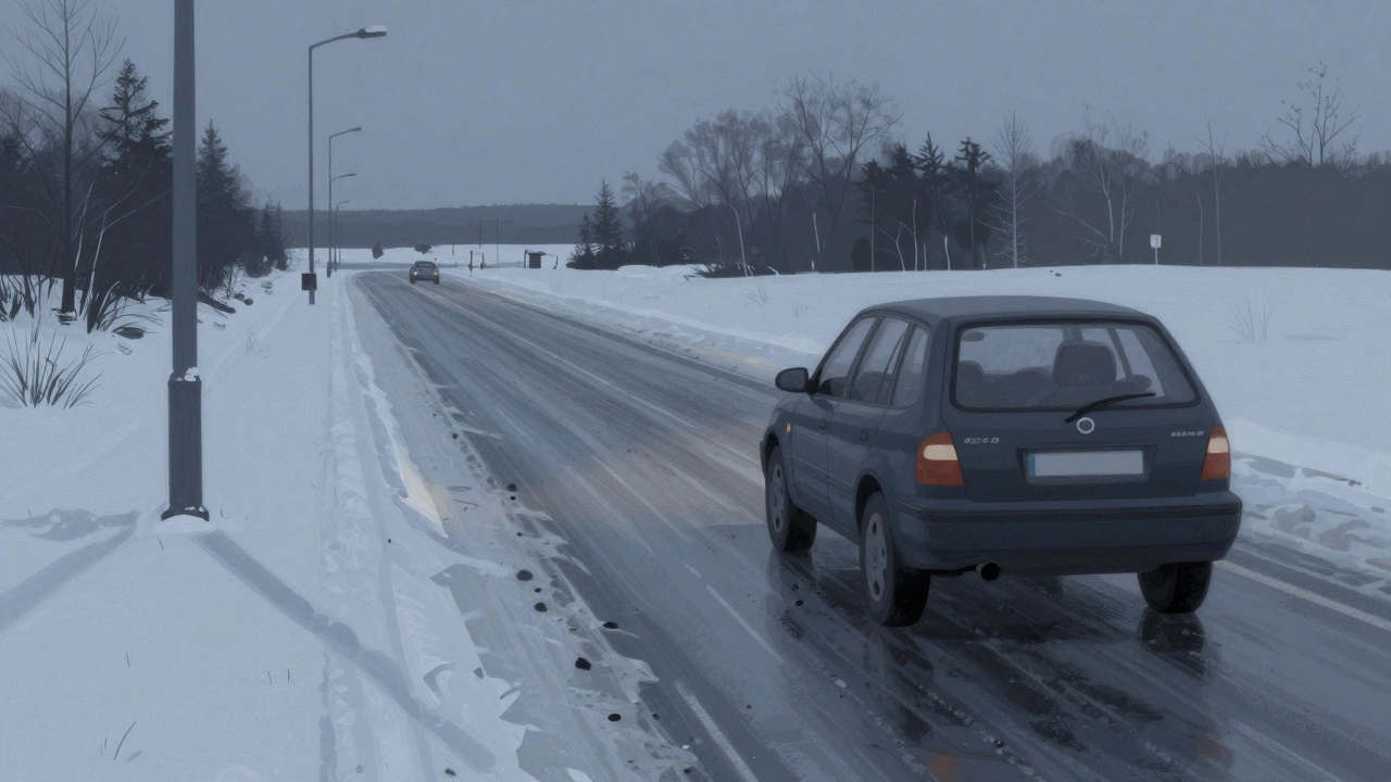 Водитель осторожно едет по зимней дороге с черным льдом, видны уличные фонари и деревья как ориентиры.