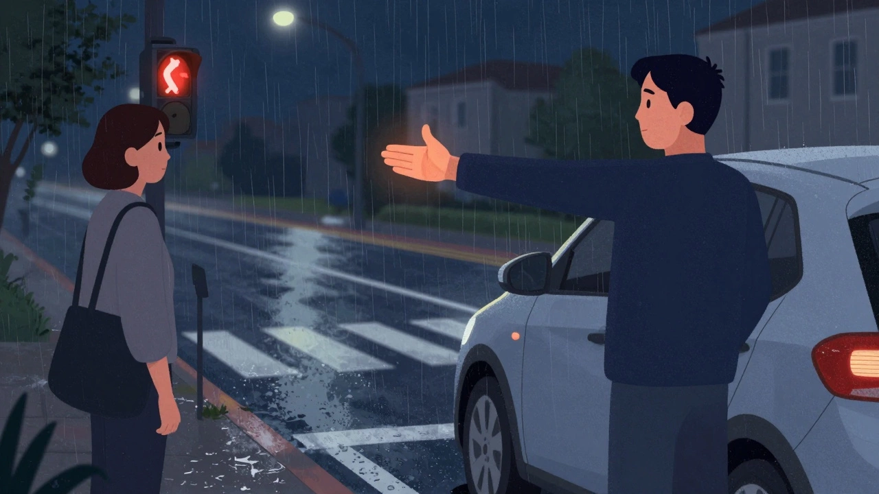 Водитель подаёт ручной сигнал поворота налево ночью, пешеход стоит на переходе, дождь на асфальте, сломанный указатель поворота.