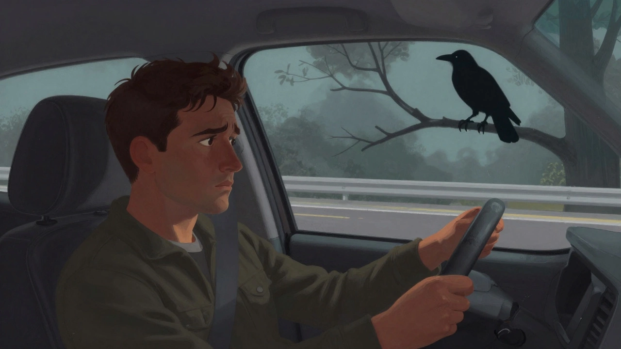 Водитель за рулём наблюдает за птицей на ветке снаружи.