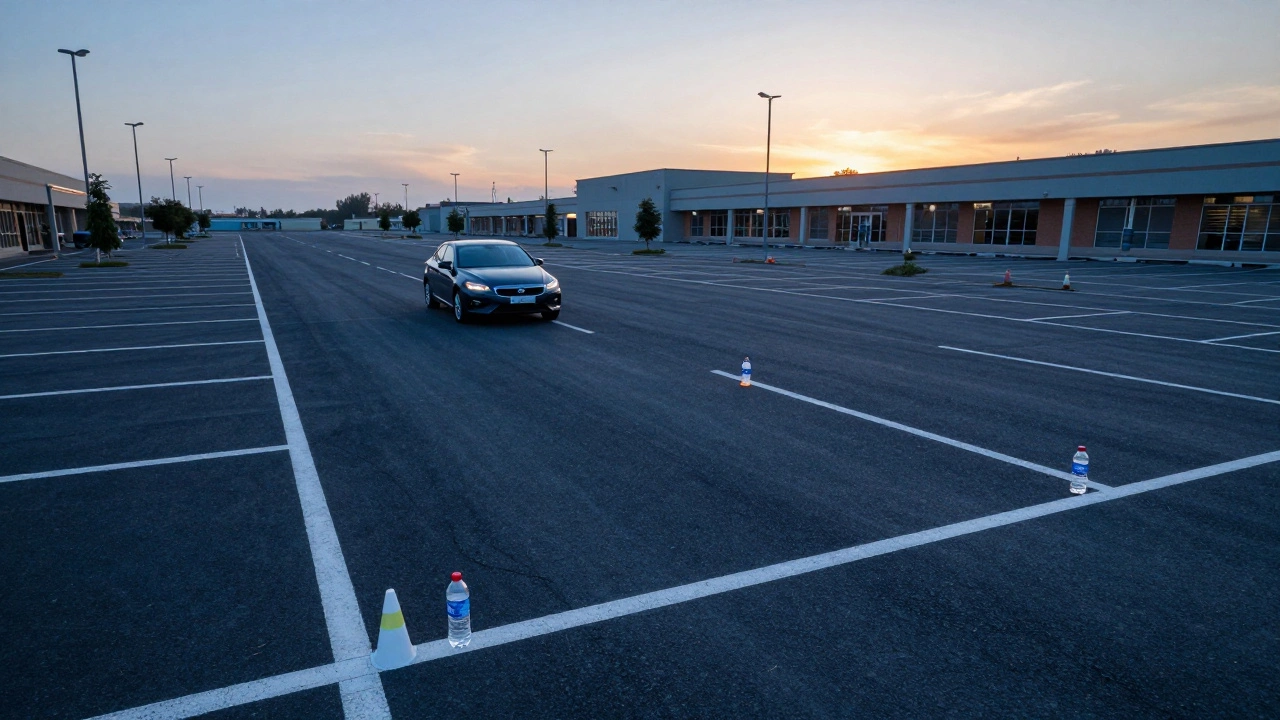 Автомобиль тренирует маневры на пустой парковке торгового центра на рассвете