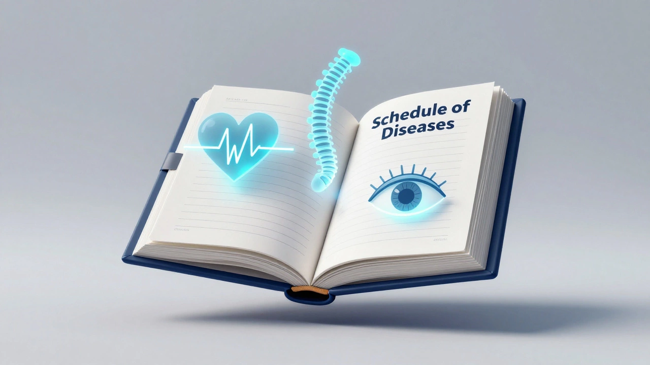 Концептуальное изображение перечня заболеваний в виде книги с голограммами сердца и позвоночника
