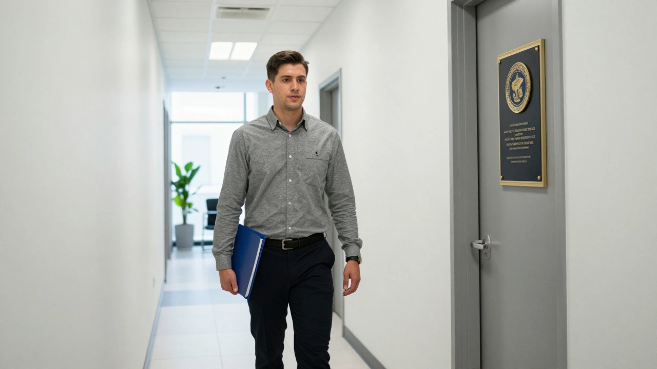 Молодой человек с папкой документов в коридоре государственного учреждения