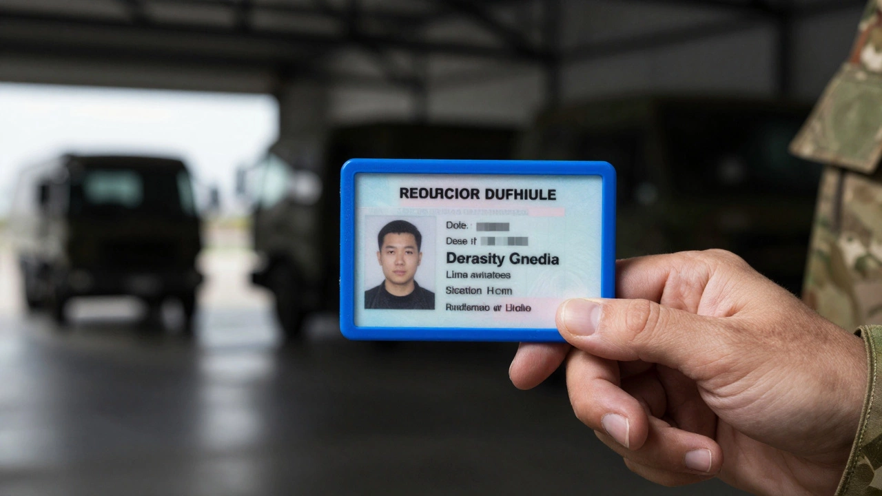 Рука солдата держит полученное водительское удостоверение