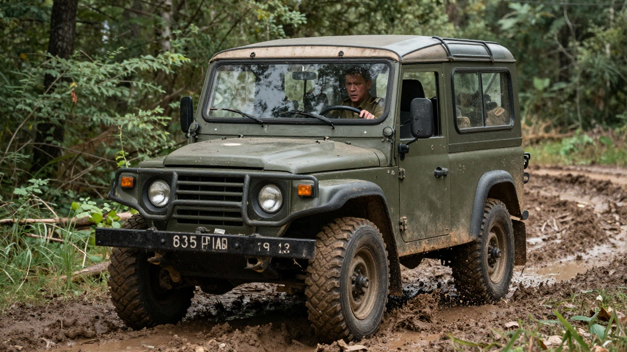 Солдат учится управлять внедорожником УАЗ на бездорожье