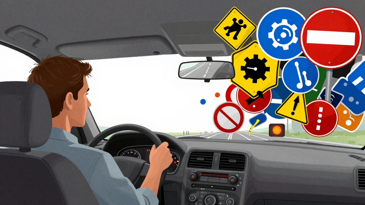 Сюрреалистичное изображение когнитивной перегрузки водителя в потоке знаков и зеркал