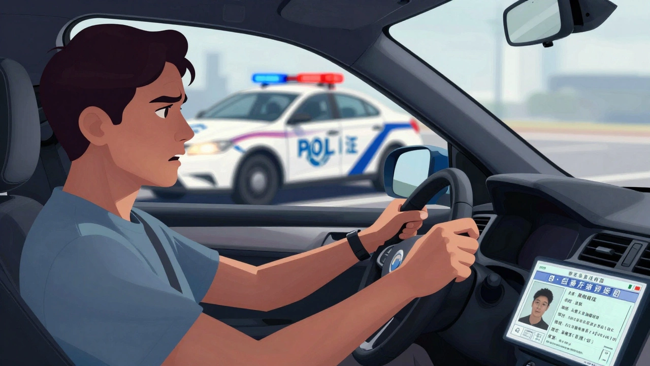 Водитель легкового авто в стрессе при приближении полицейского патруля