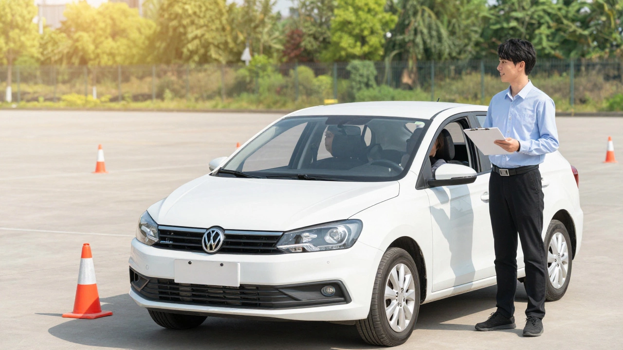 Водитель успешно сдает экзамен по вождению на легковом автомобиле